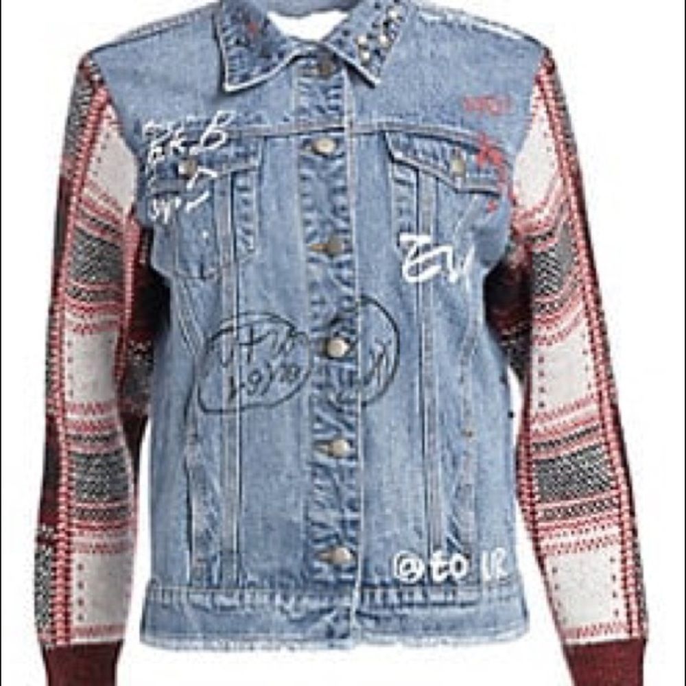 Scripted Distressed Plaid Denim Jacket Large NWT - Picture 3 of 8